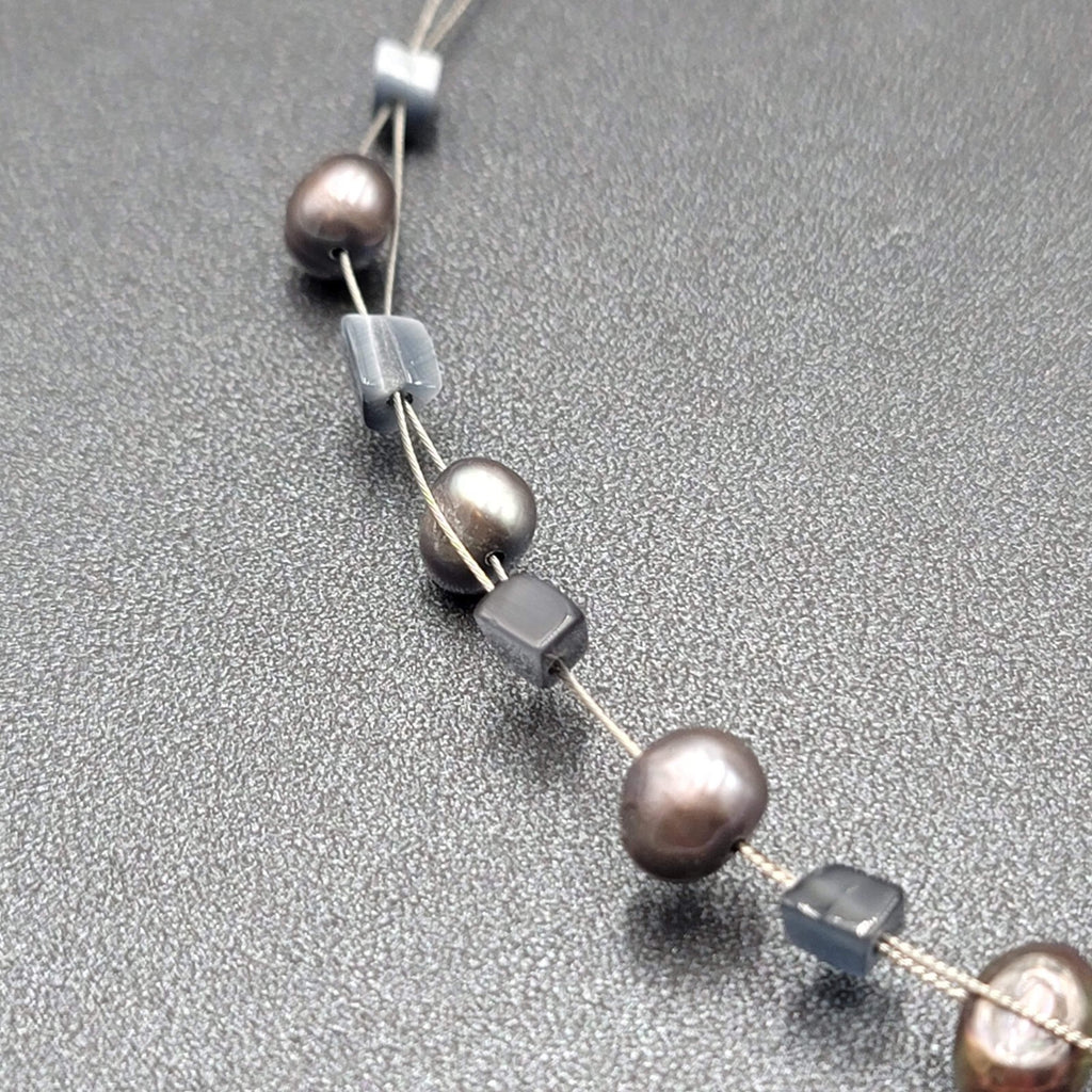 Multi Strand Pearl Station Floating Beads Necklace 18"