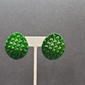 Vintage Pierced Earrings Dark Green Weave Pattern  1.5"