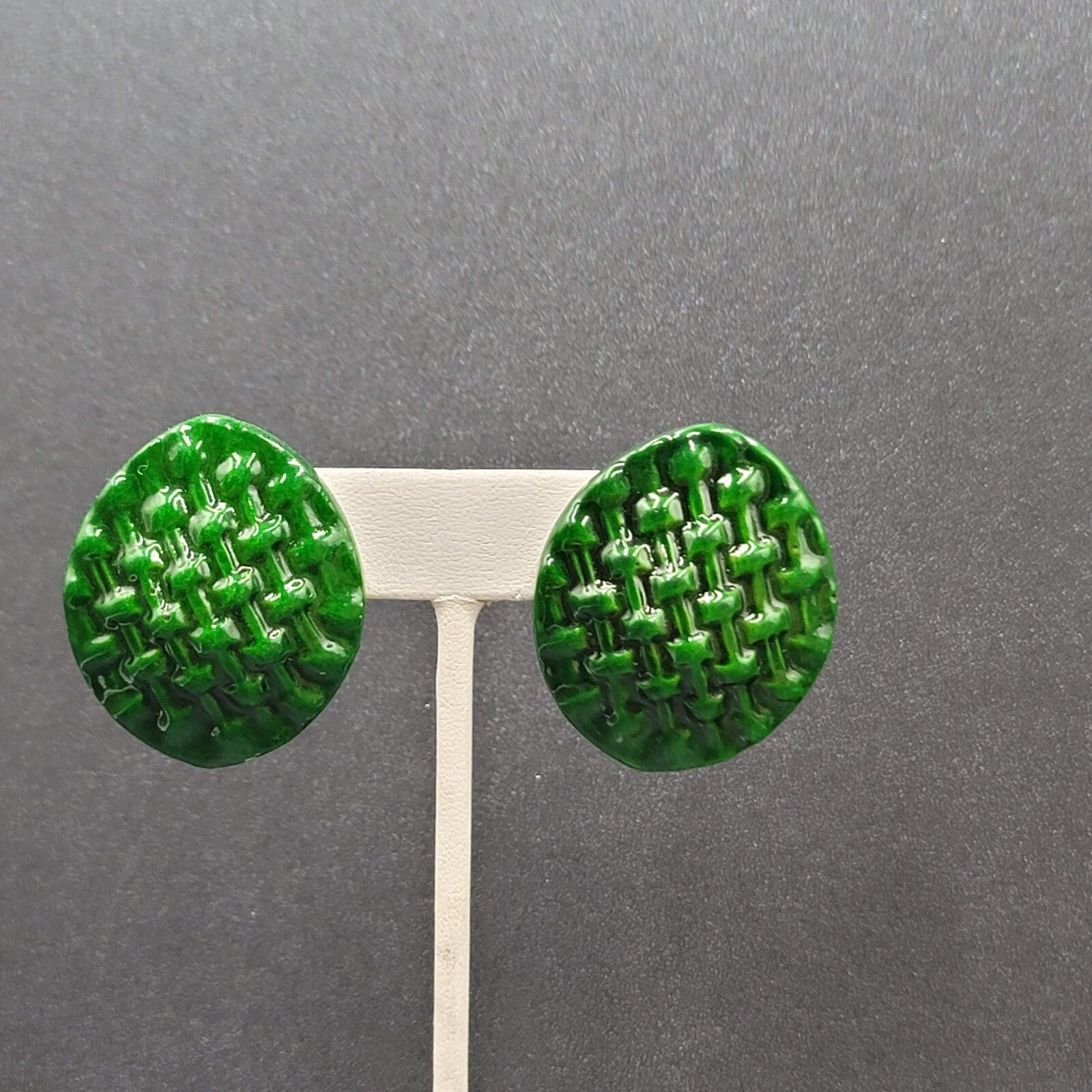 Vintage Pierced Earrings Dark Green Weave Pattern  1.5"
