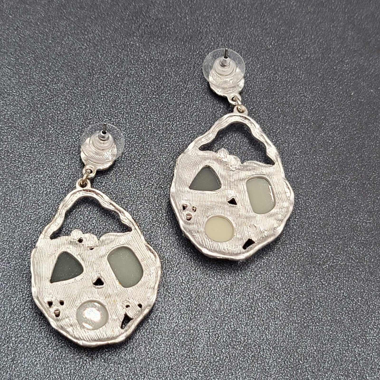 Pierced Earrings Silver tone Green Acrylic Rhinestone Statement Dangle 2.25"