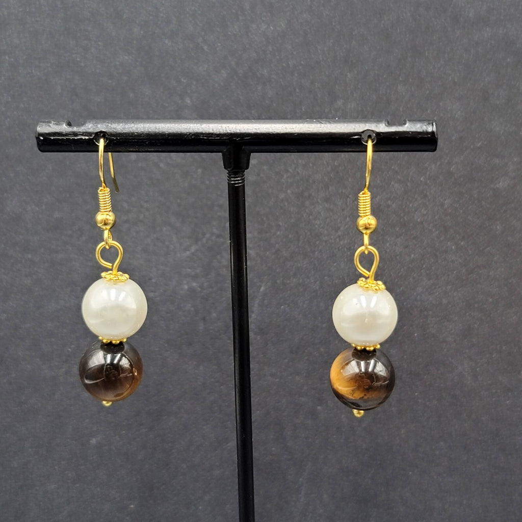 Pierced Earrings Tigers Eye Stone Faux Pearl Bead Dangle 1 1/8"