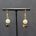 Pierced Earrings Tigers Eye Stone Faux Pearl Bead Dangle 1 1/8"