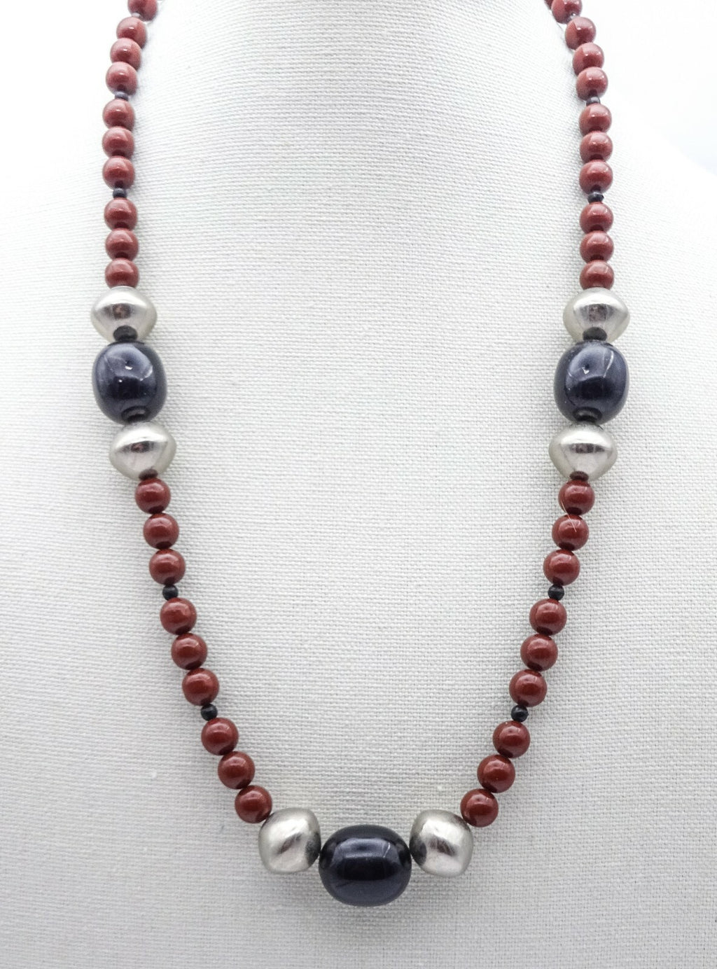 Vintage Long Beaded Necklace and Pierced Earrings Red Black Silver
