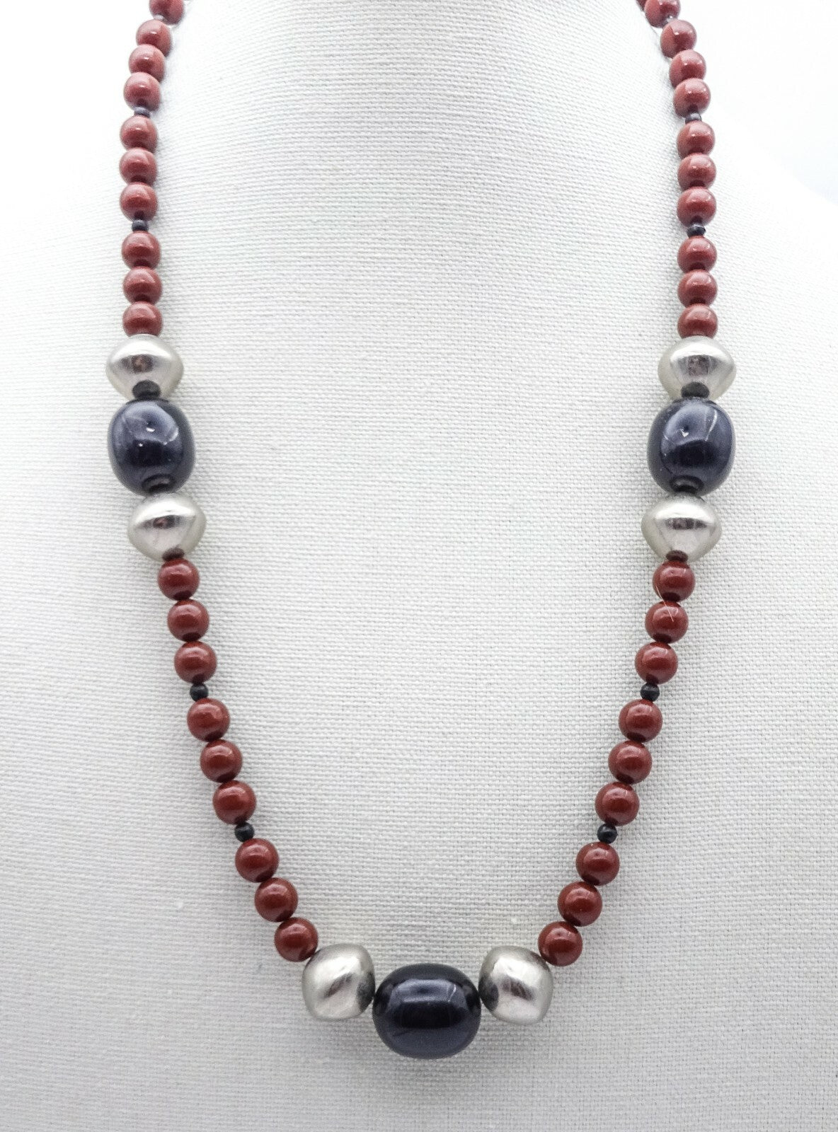 Vintage Long Beaded Necklace and Pierced Earrings Red Black Silver
