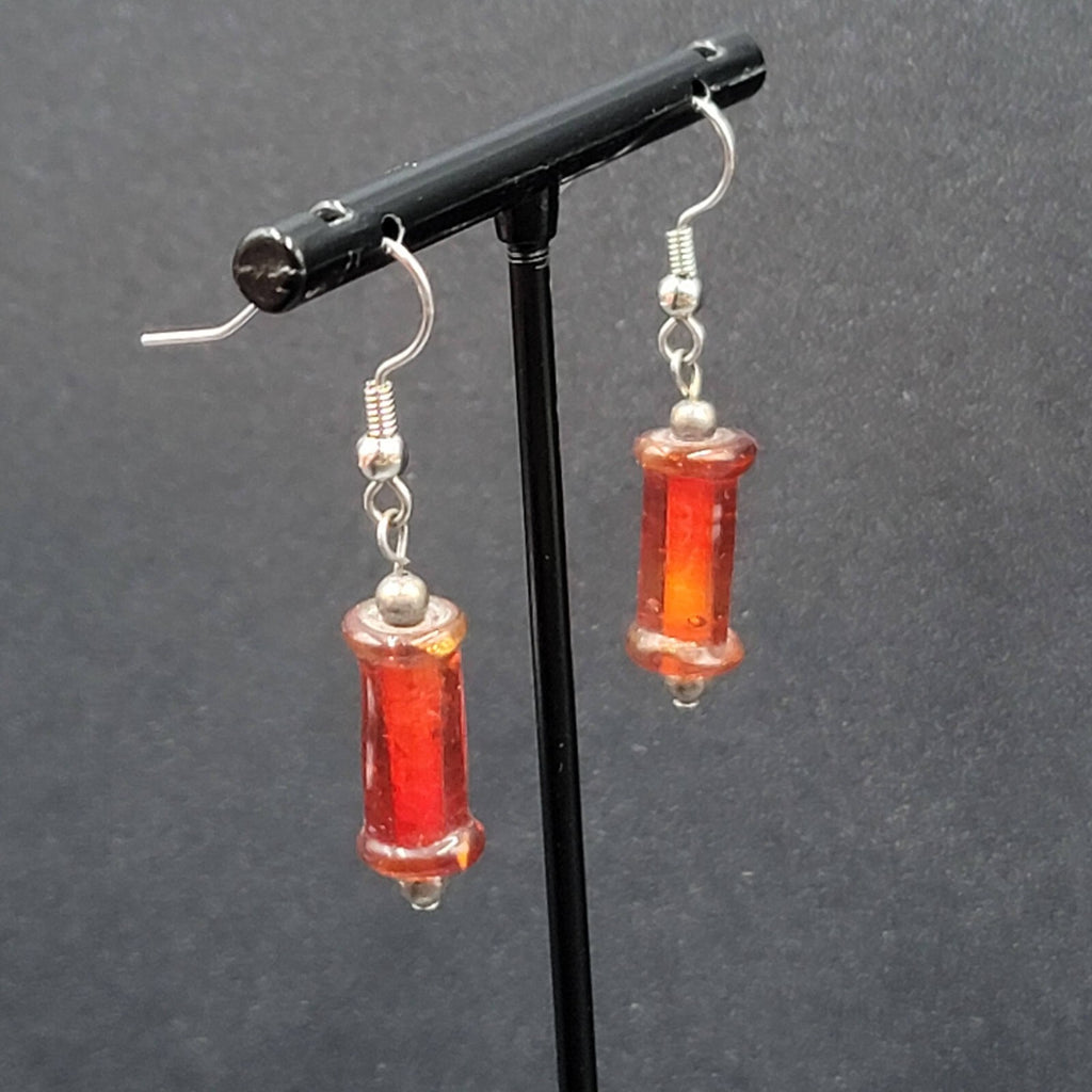 Pierced Earrings Red Cylinder Glass Bead Silver tone Dangle 1"