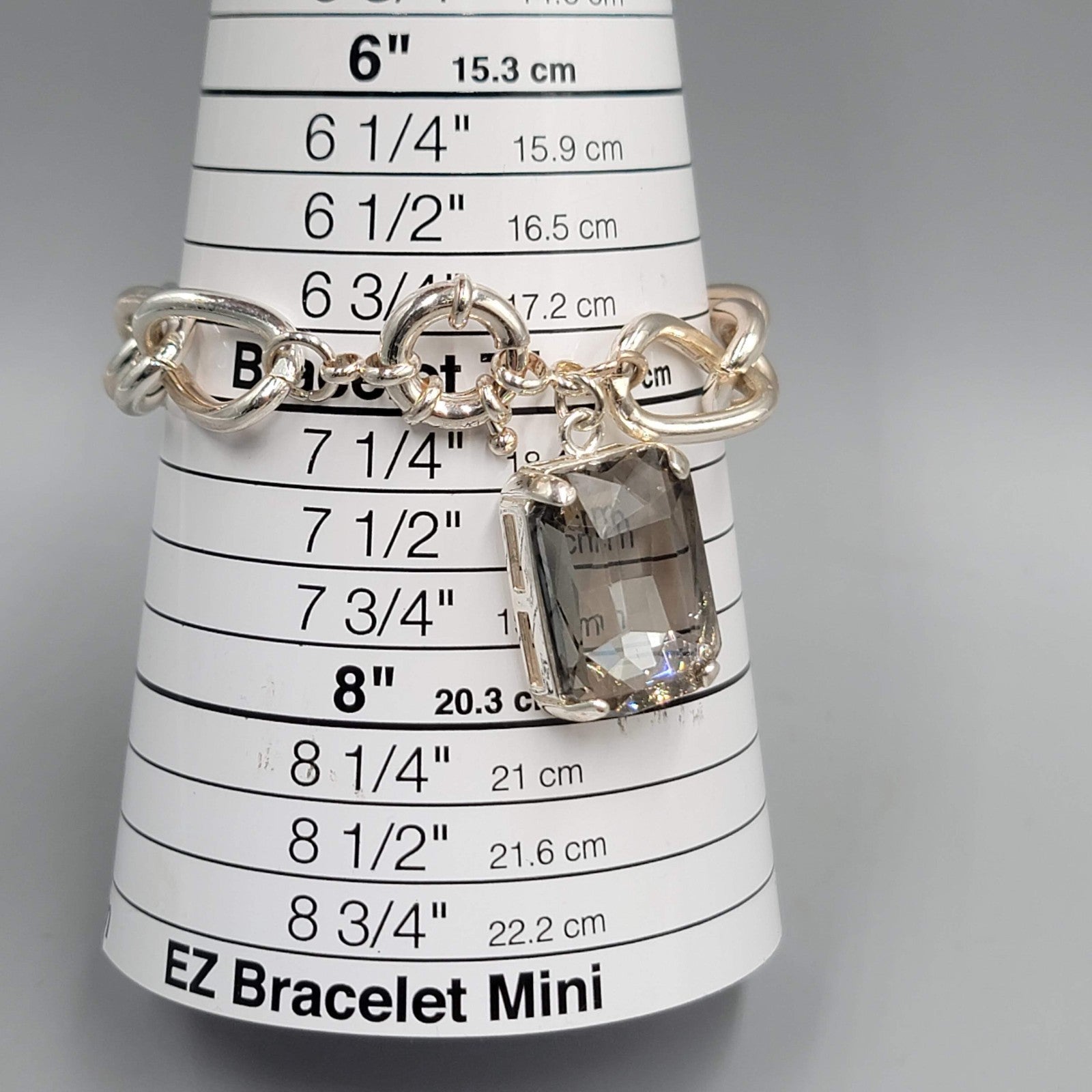 Smokey Gray Glass Dangle Bracelet Silver tone 7"