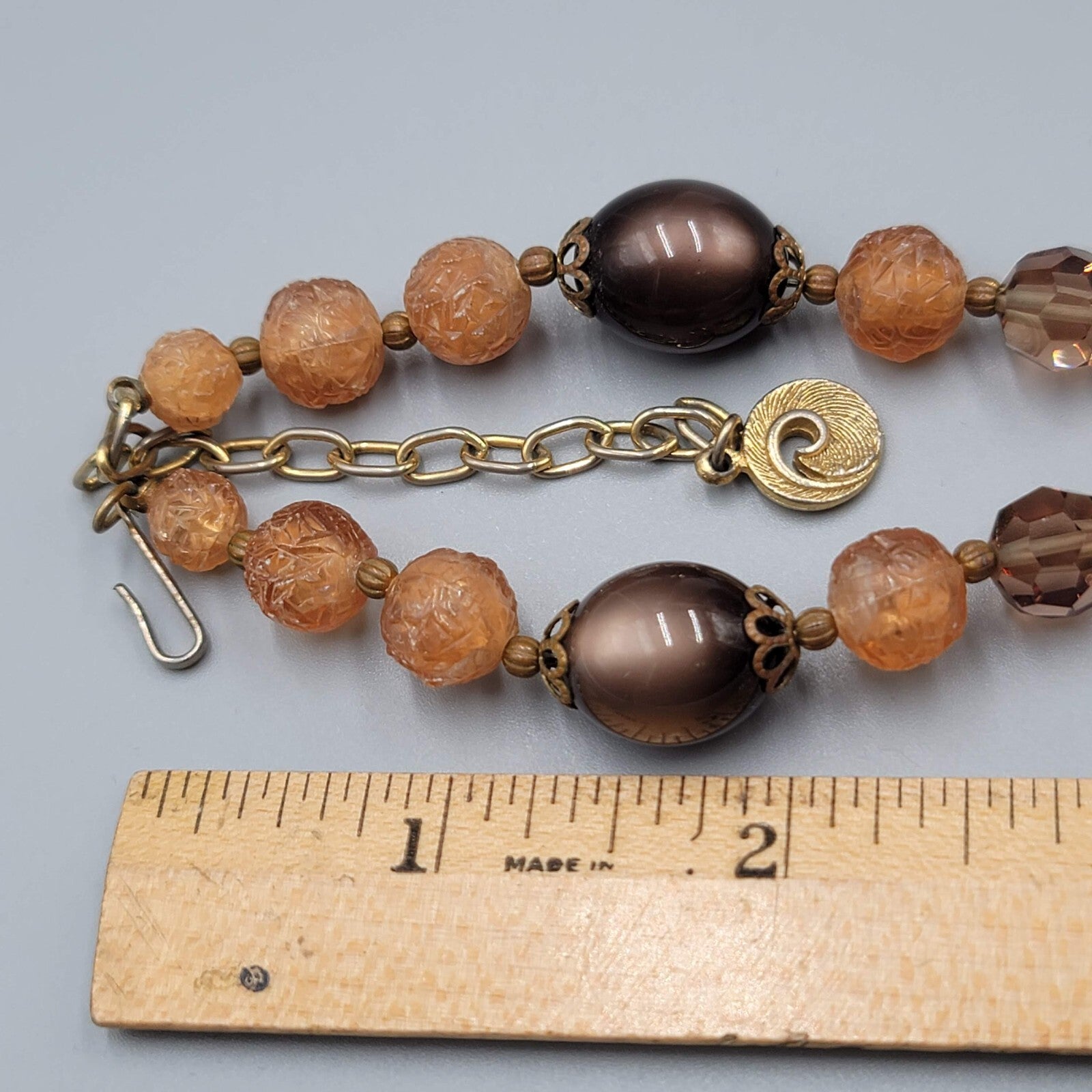 Vintage Lisner Necklace Brown Moon Glow Molded Beads Estate Jewelry 13"-16"