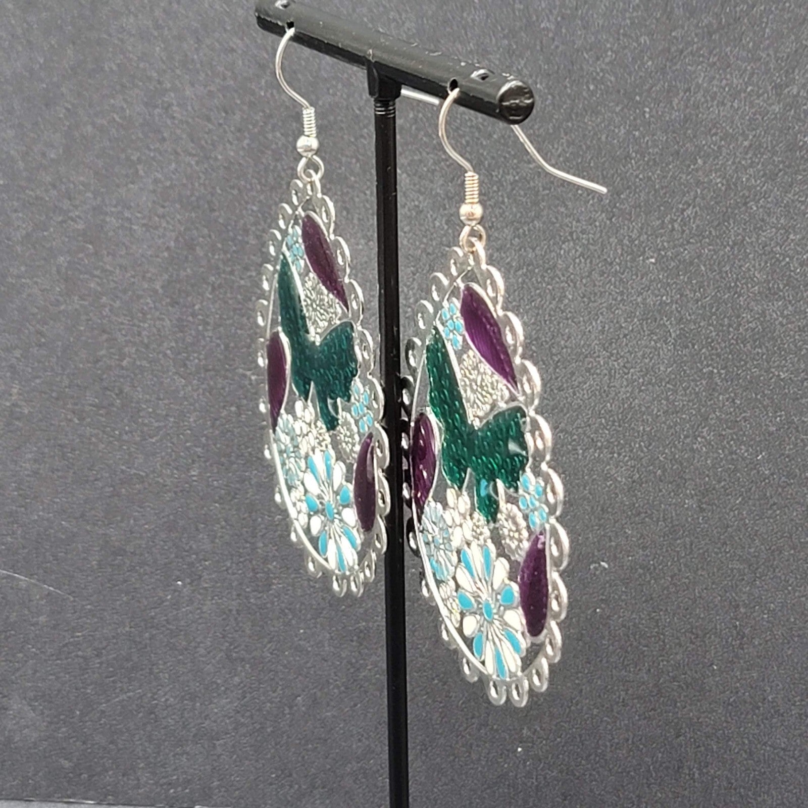 Pierced Earrings Large Silver tone Teardrop Butterfly Flowers Dangle 2.25"