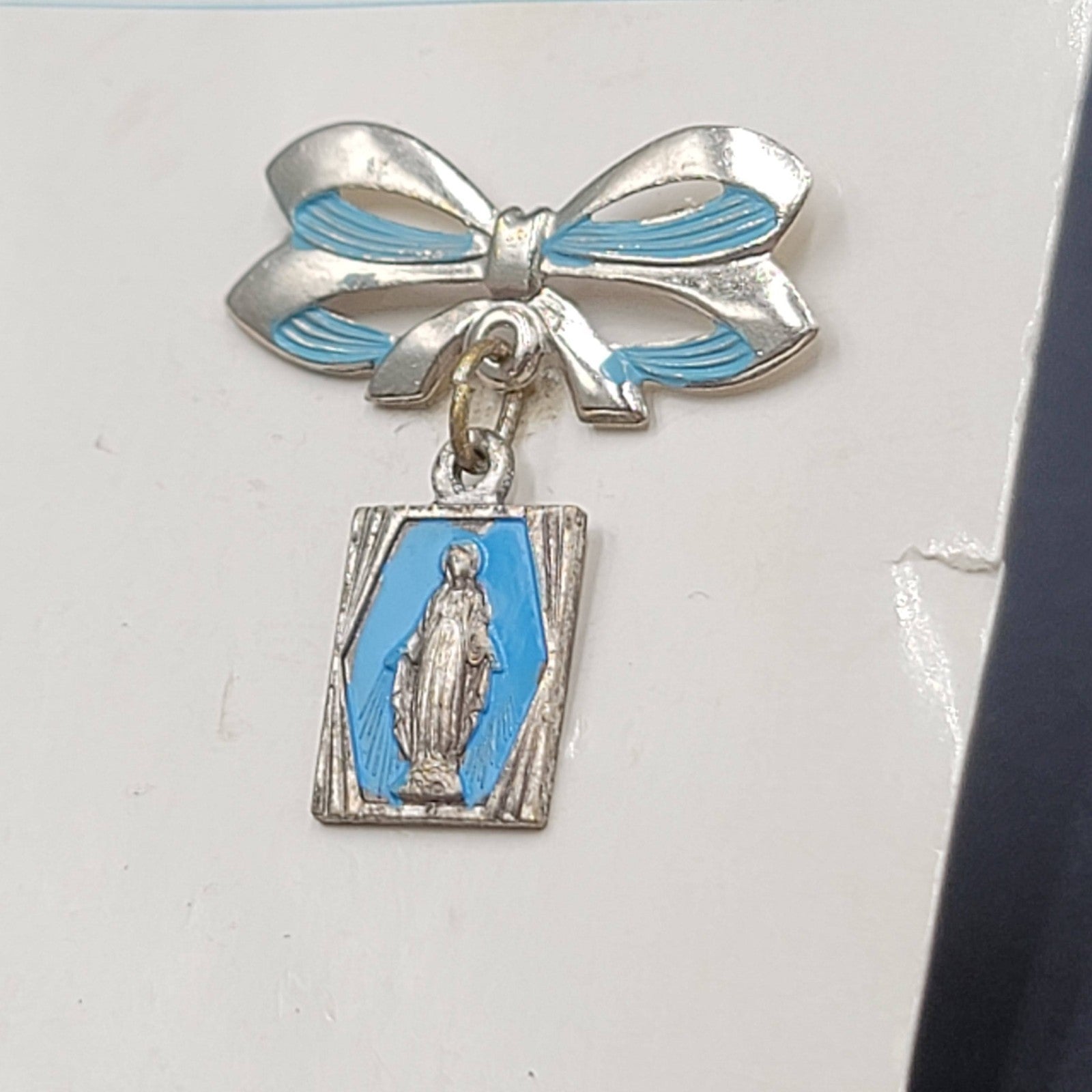 Vintage Mary Pray For Us Medal Silver tone Pin 1.25"