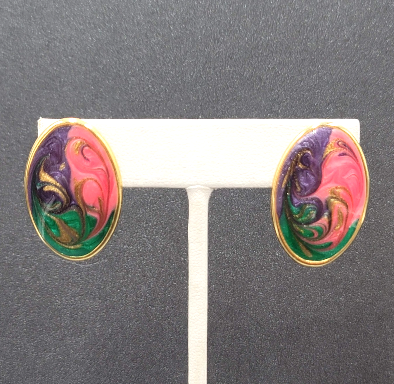 Vintage Pierced Earrings Green Purple Pink Swirl Enamel Oval Drop 1 1/8"