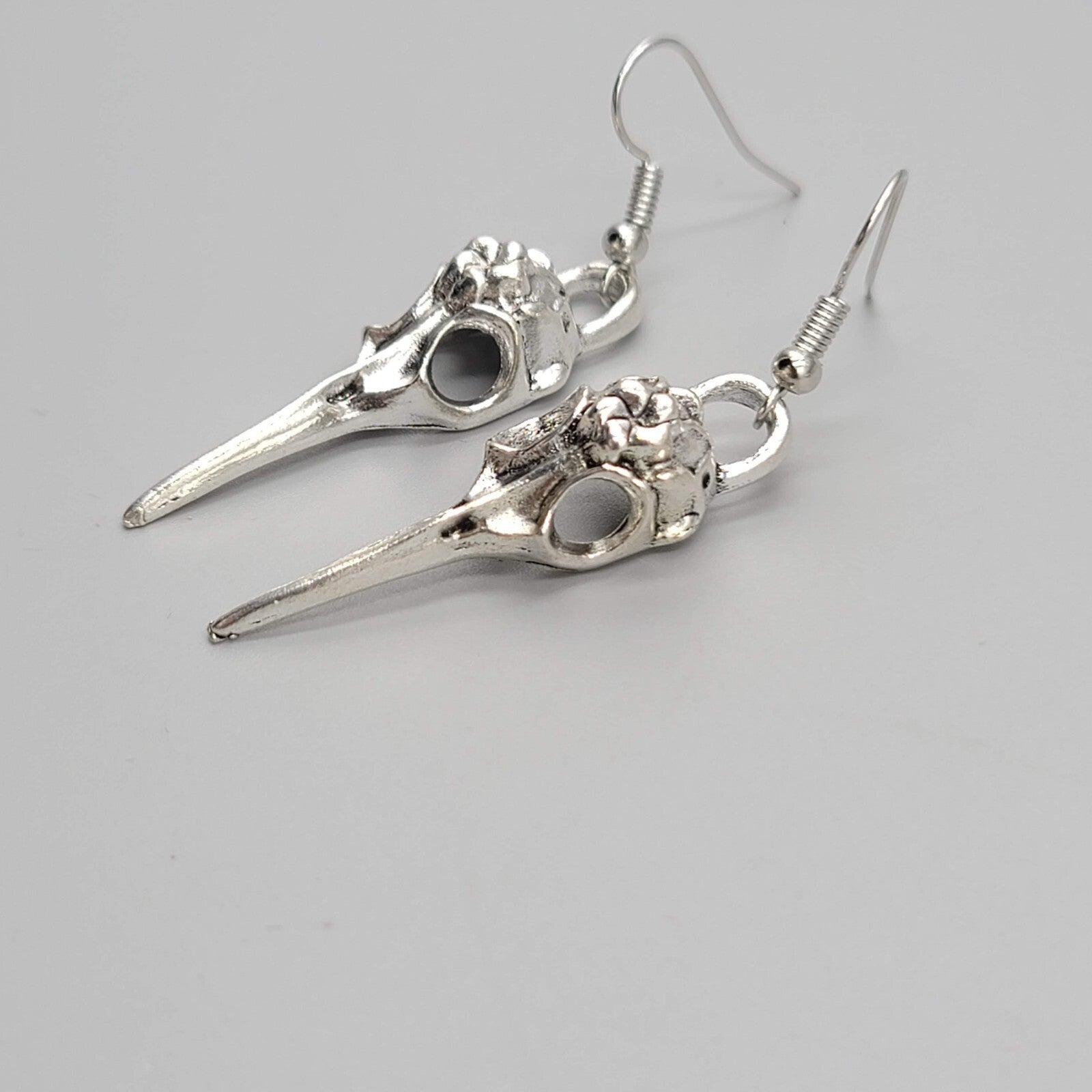 Bird Skull Pierced Earrings Silver tone Dangle New 1.5"