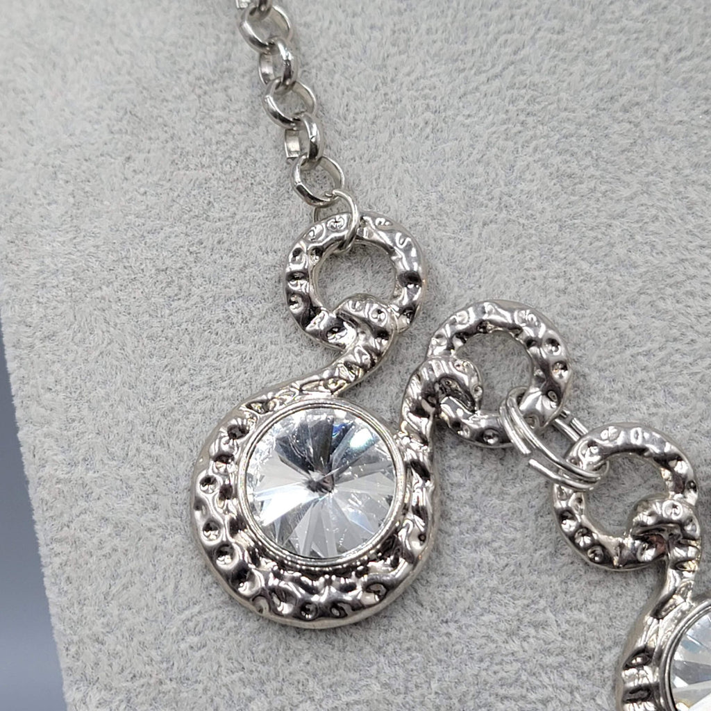 Large Clear Rivoli Rhinestone Necklace Silver tone Statement 18 in