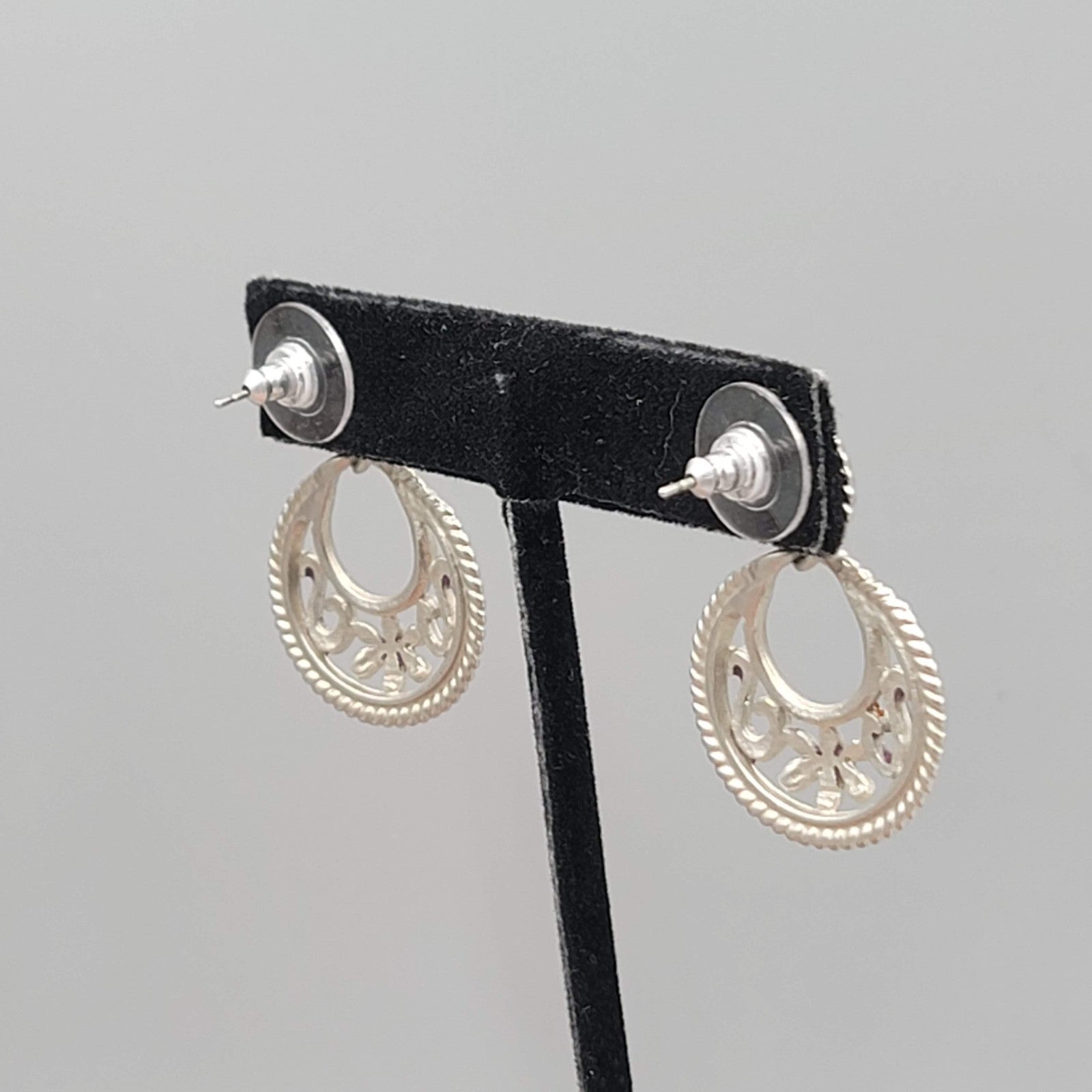 Purple Black Enamel Pierced Earrings Silver tone Dangle  1.25"