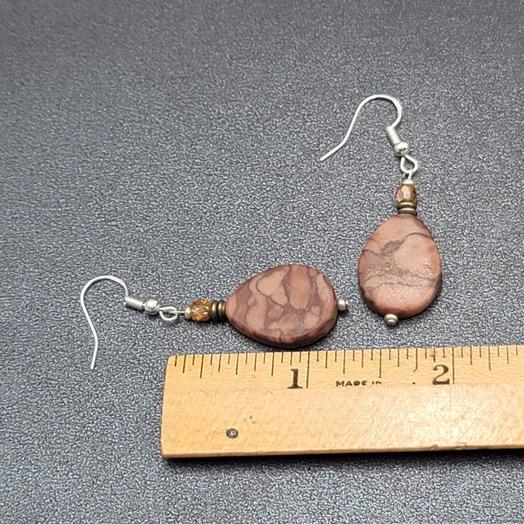 Pierced Earrings Sterling Silver Brown Stone Teardrop Bead Dangle 1.25"