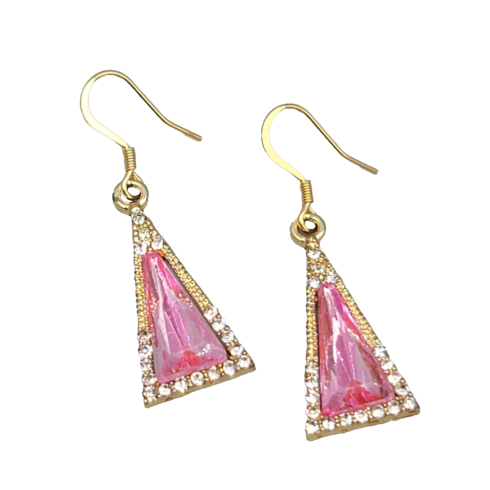 Triangle Pink Rhinestone Pierced Earrings Gold tone Dangle 7/8"