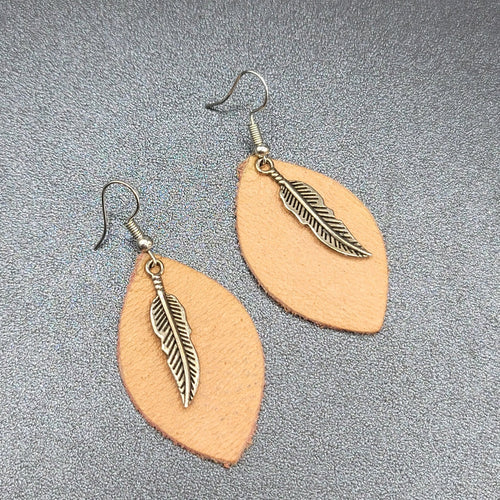Bohemian Leather Teardrop Dangle Pierced Earrings 1.75" Metal Feather