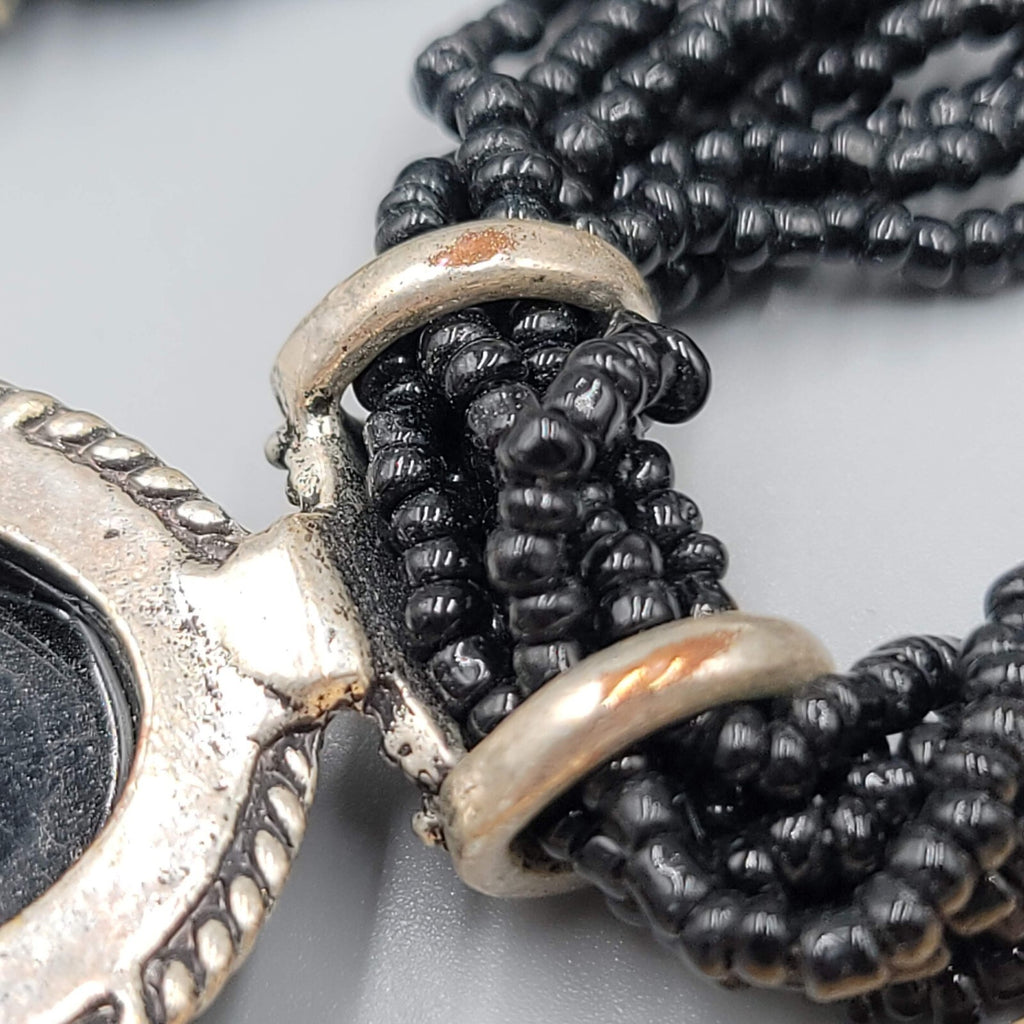 Multi Strand Black Seed Bead Necklace Oval Pendant Silver tone 18"