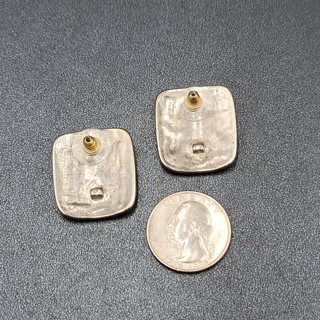 Vintage Pierced Earrings Silver tone Embossed Rectangle Drop 1"