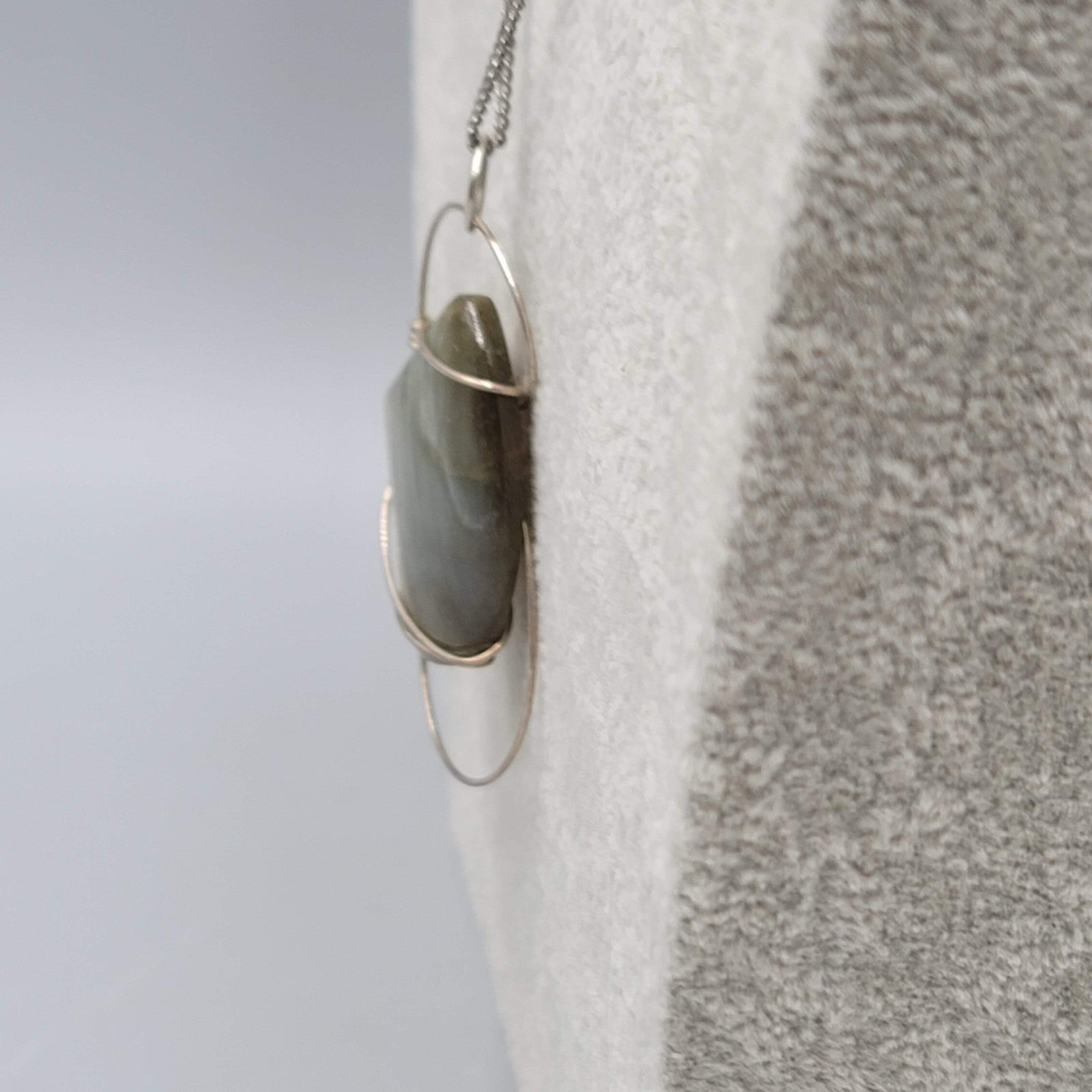 Labradorite Wire Wrapped Pendant Necklace Silver tone 24 in