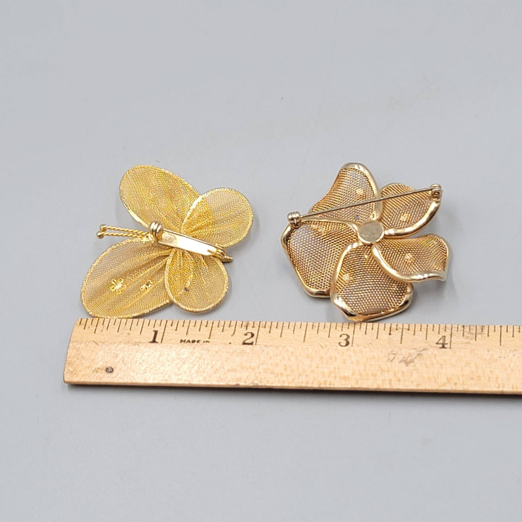 Vintage Brooch Lot of 2 Mesh Flower Butterfly Gold tone Estate Jewelry