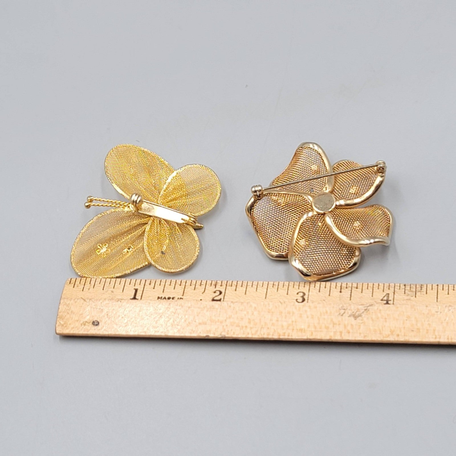 Vintage Brooch Lot of 2 Mesh Flower Butterfly Gold tone Estate Jewelry