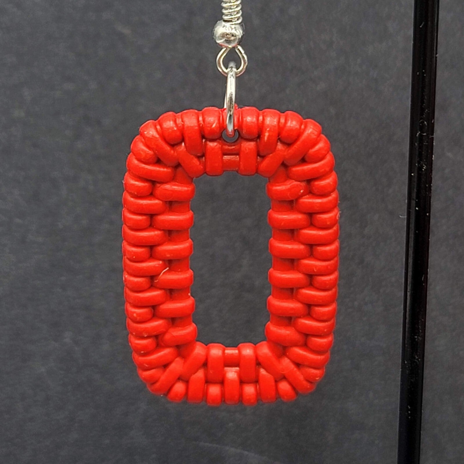 Pierced Earrings Red Acrylic Rectangle Weave Design Dangle 1.5"