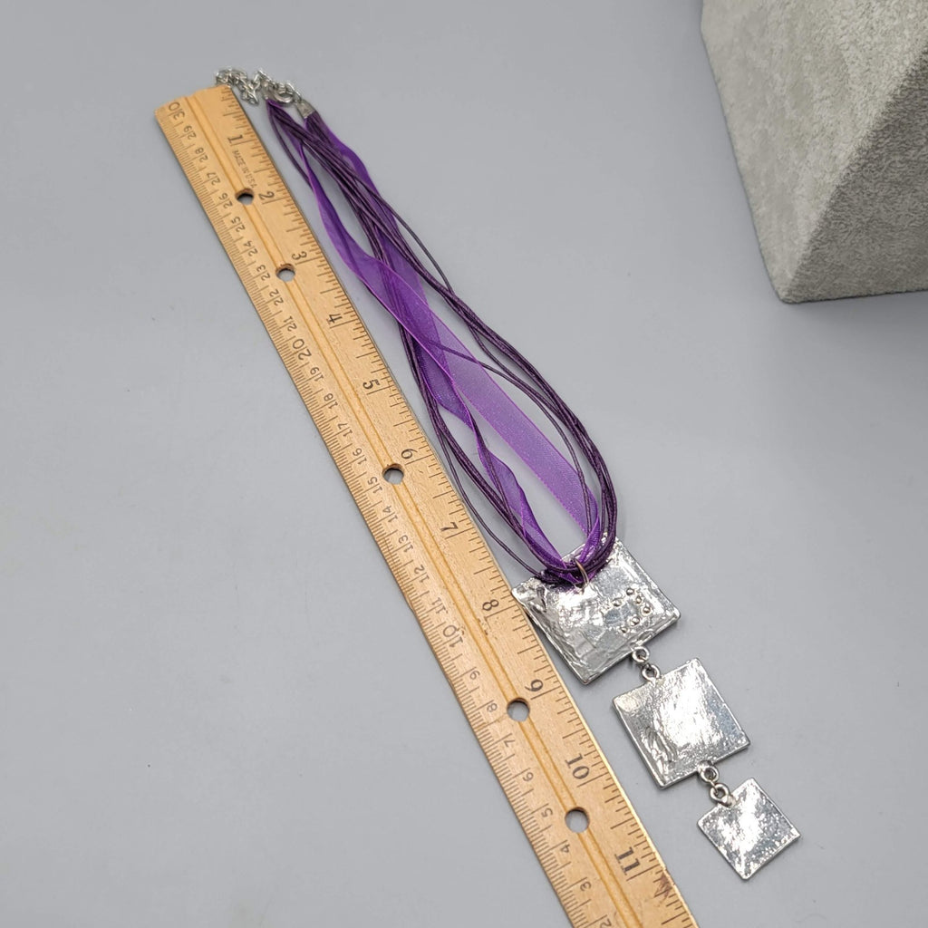 Purple Enamel Square Pendant Necklace Ribbon Cord Silver tone 16"-18"