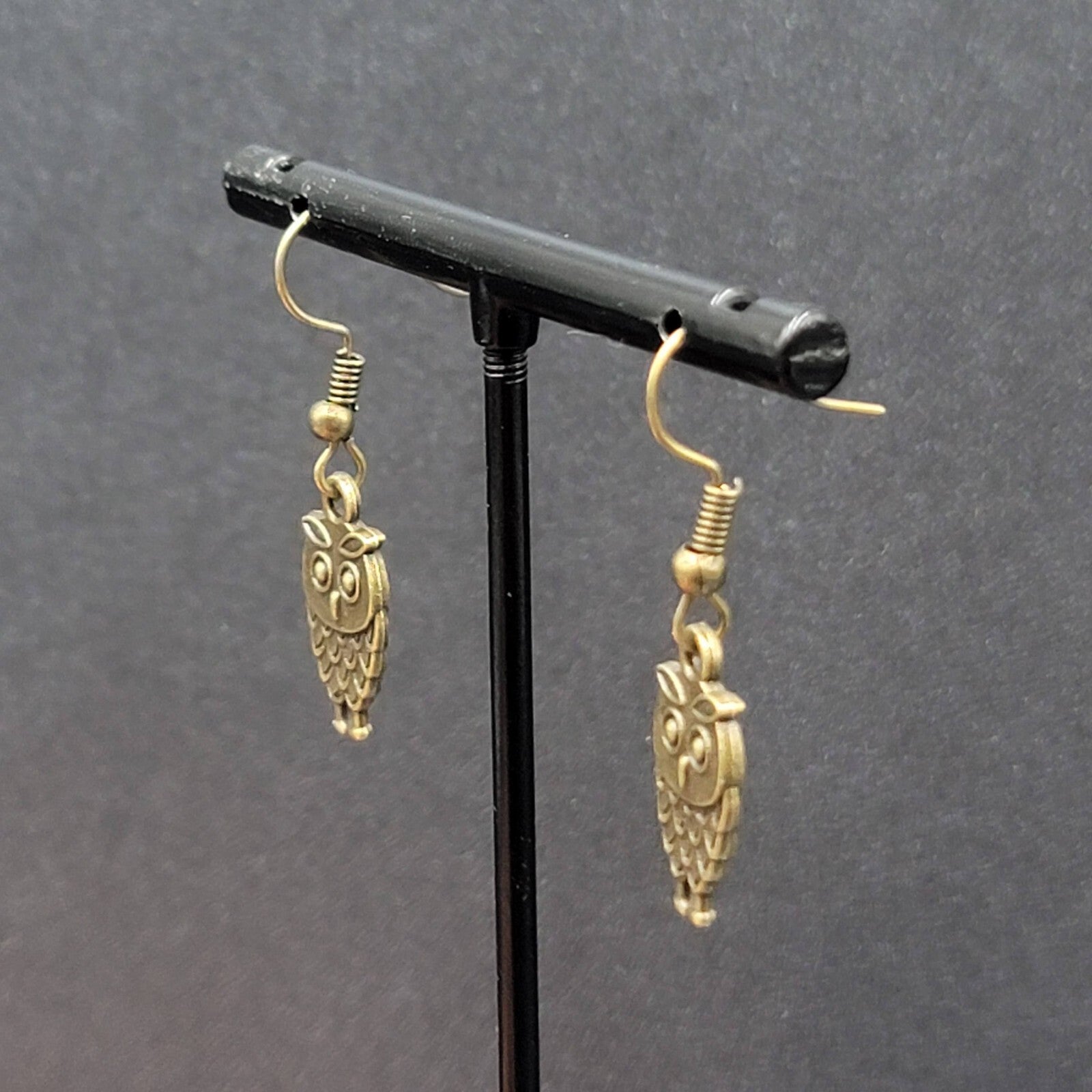Owl Pierced Earrings Embossed Bronze tone Dangle 3/4"