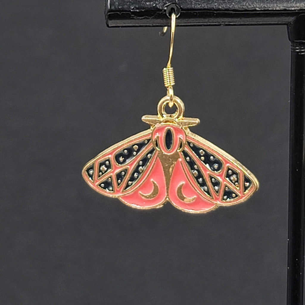 Moth Enamel Pierced Earrings Gold tone Dangle Butterfly