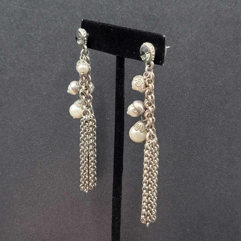 Pierced Earrings Long Multi Chain Faux Pearl Silver tone Dangle 3.25"
