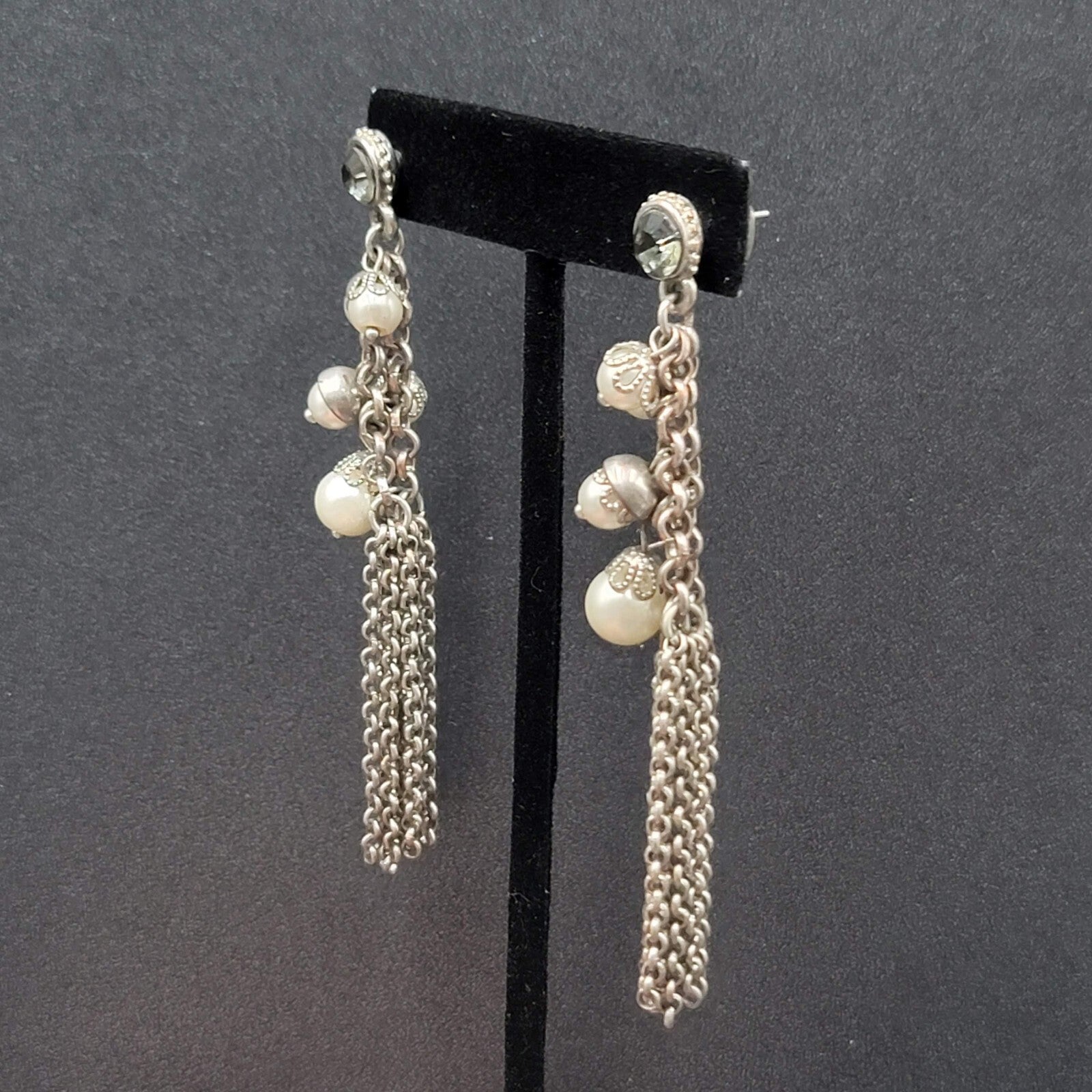 Pierced Earrings Long Multi Chain Faux Pearl Silver tone Dangle 3.25"