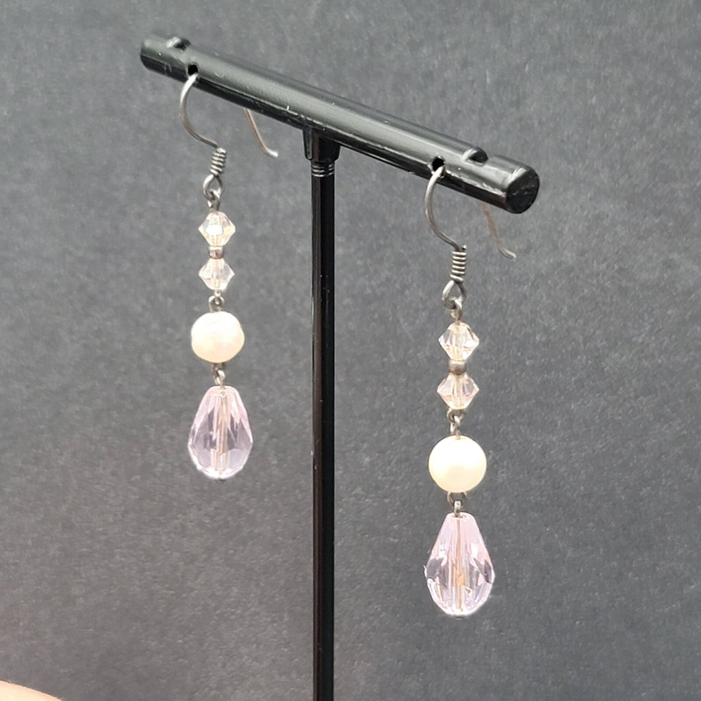 Pierced Earrings Silver tone Pink Crystal Teardrop Bead Pearl Bead 1 3/8"