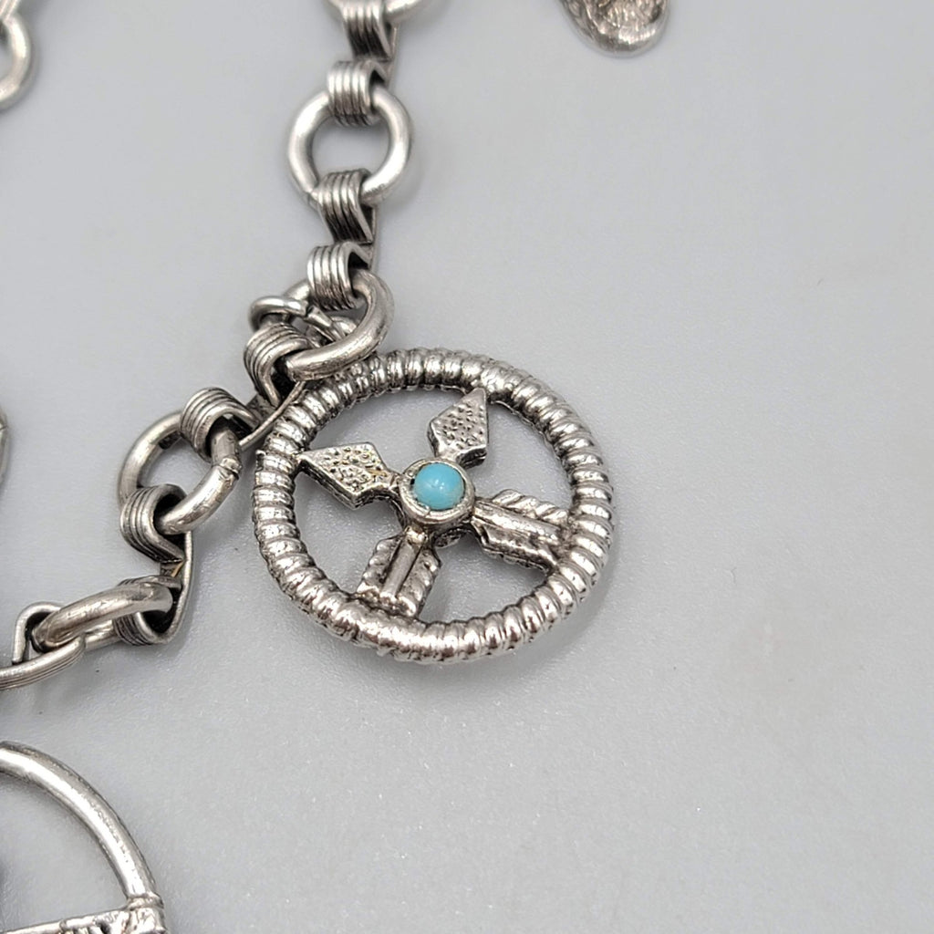 Vintage Southwestern Silver tone Charm Bracelet Blue Accent 7.25"