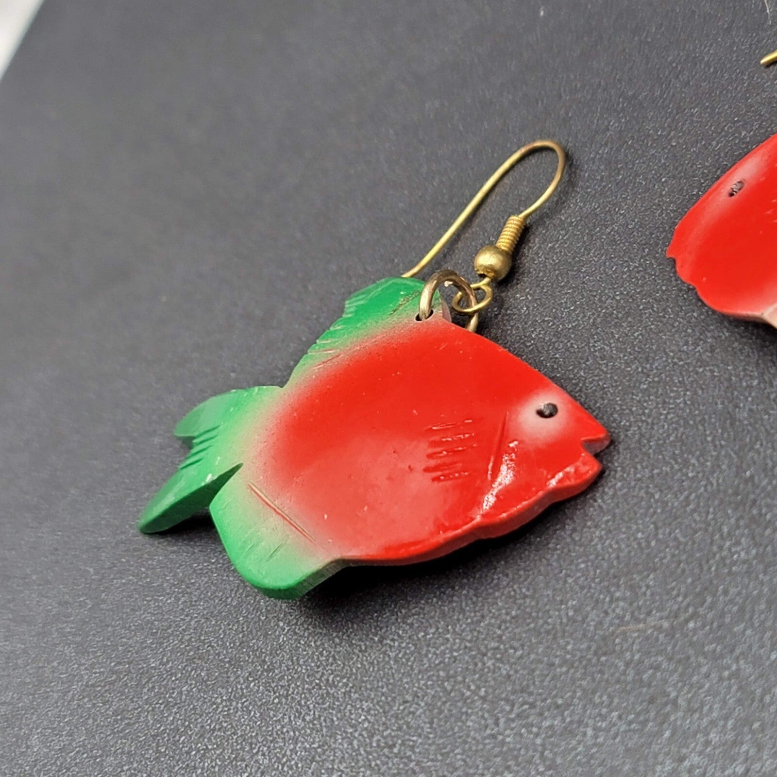 Vintage Pierced Earrings Coconut Shell Carved Fish Painted 2"