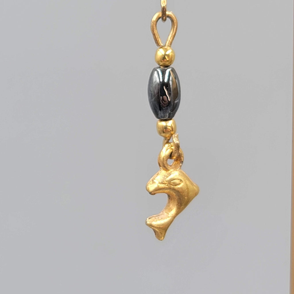 Vintage Dolphin Pierced Earrings Gold tone Hematite Stone Dangle 1 1/8"
