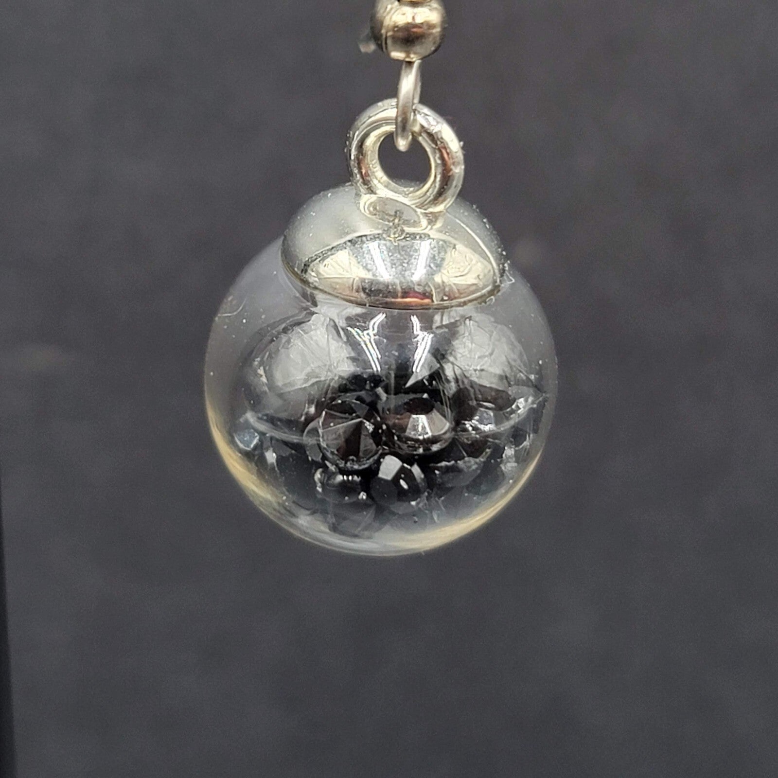Pierced Earrings Silver tone Loose Black Rhinestones Filled Sphere Dangle 3/4"
