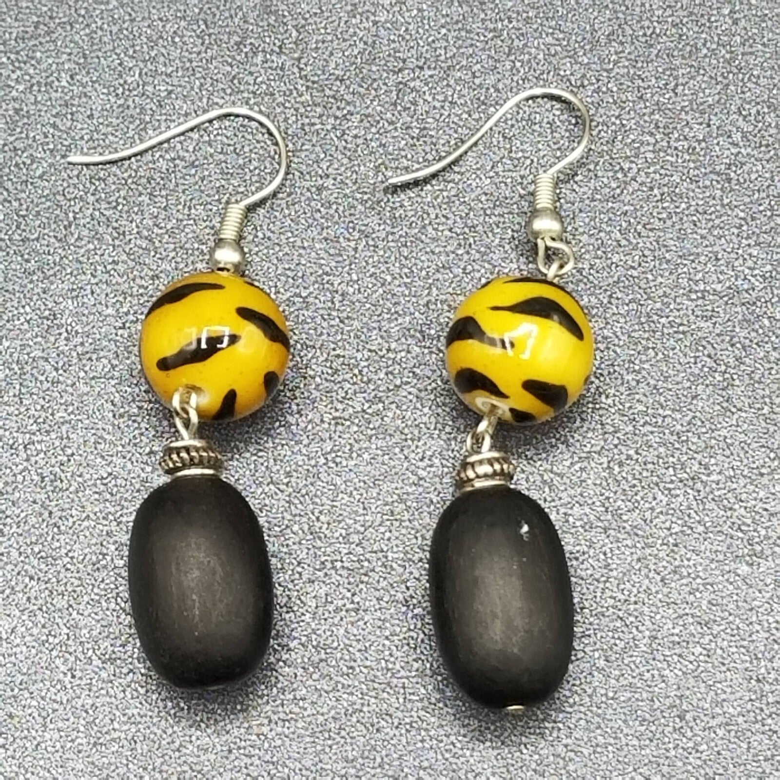 Pierced Earrings Glass Wood Bead Boho Dangle 1 1/2"