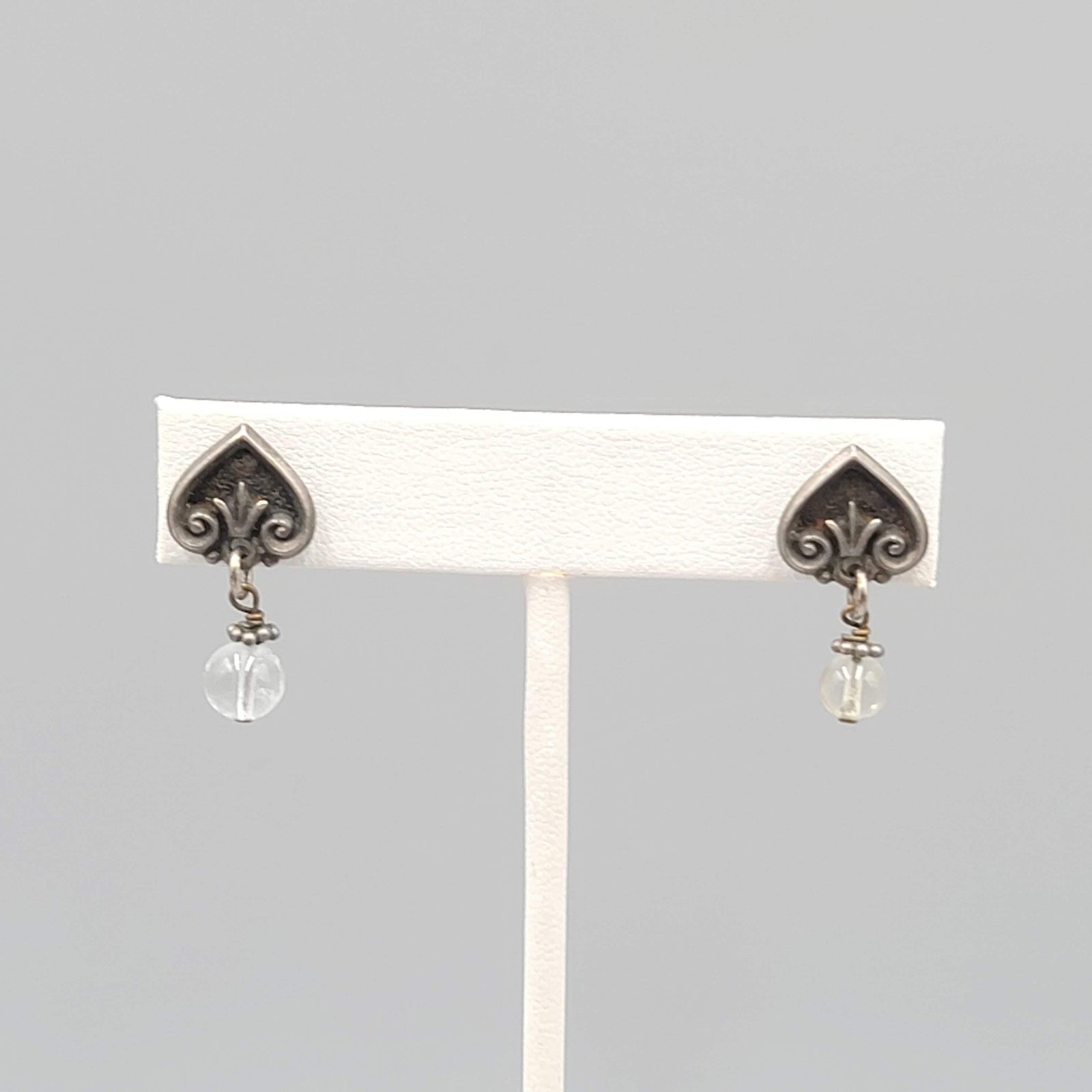 Vintage Pierced Earrings Dark Gray Clear Bead Dangle 1"