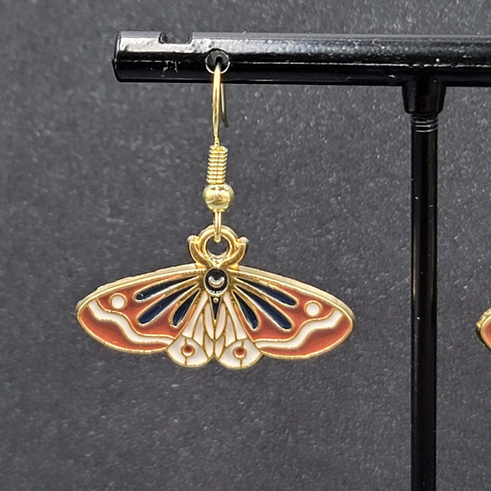 Moth Pierced Earrings Gold tone Brown Black Enamel Dangle 1/2"