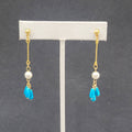 Pierced Earrings Gold Plated Bright Blue Beads Faux Pearl Dangle 2.25"