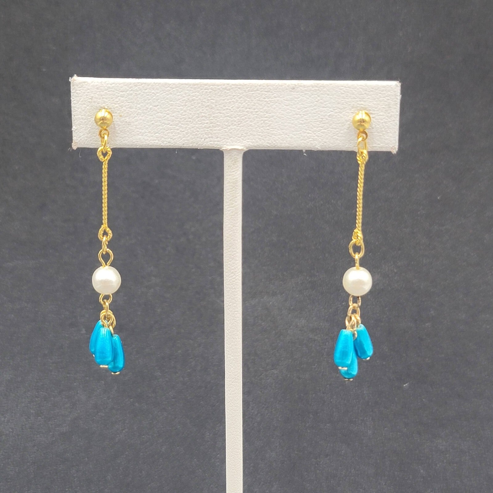 Pierced Earrings Gold Plated Bright Blue Beads Faux Pearl Dangle 2.25"