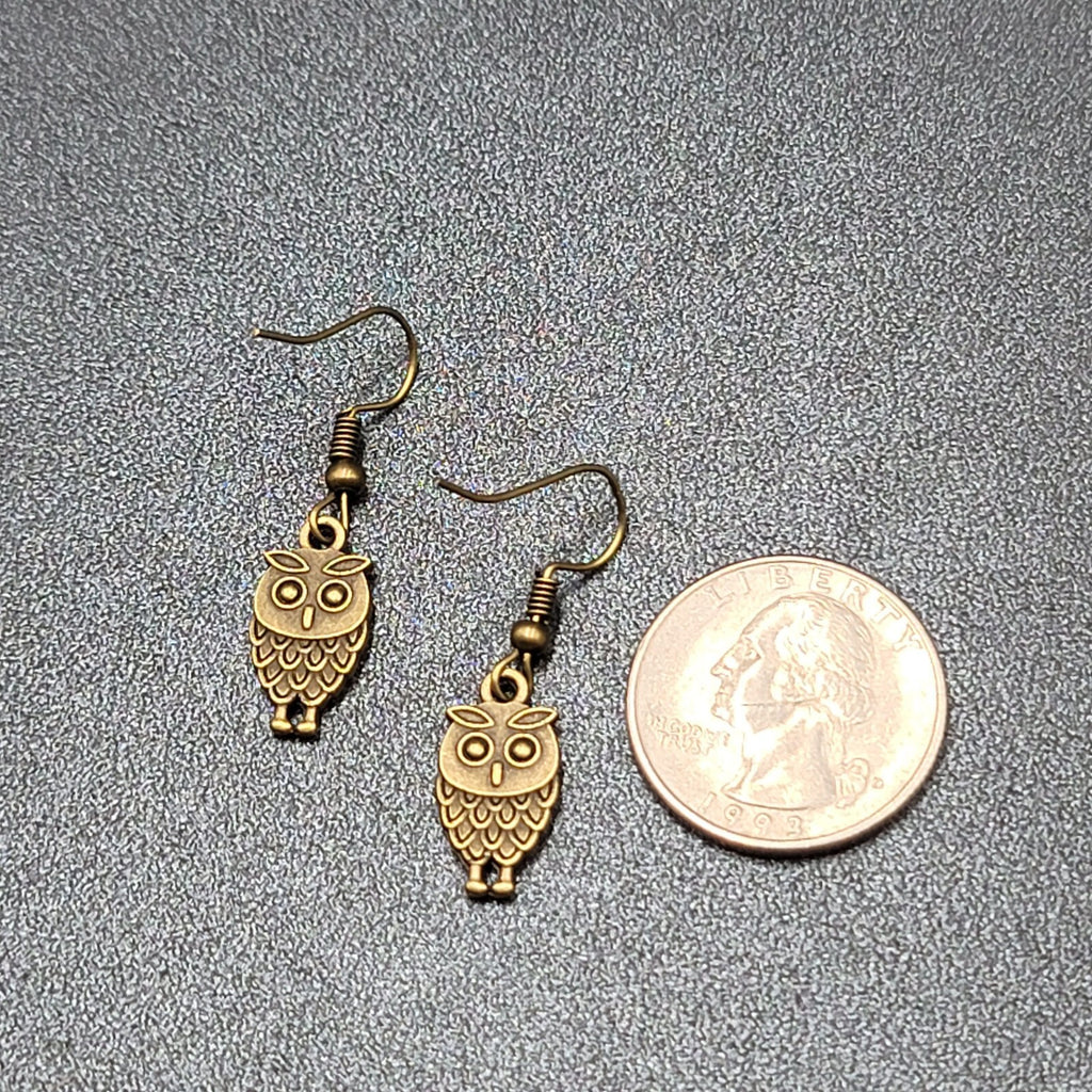 Owl Pierced Earrings Embossed Bronze tone Dangle 3/4"