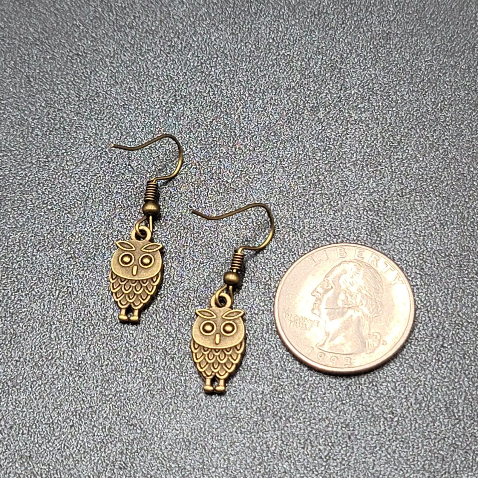 Owl Pierced Earrings Embossed Bronze tone Dangle 3/4"