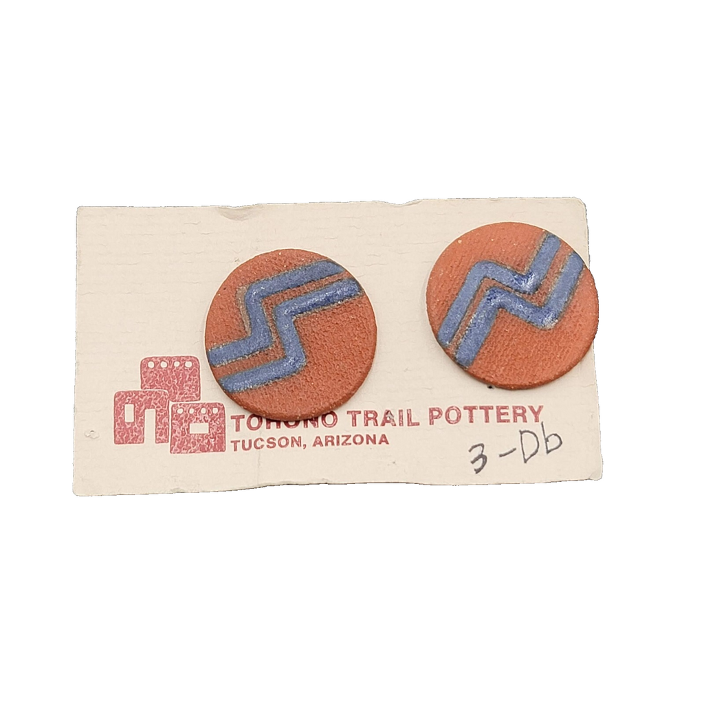 Vintage Tohono Trail Pottery Pierced Earrings Red Blue Disc Textured 1 1/8"