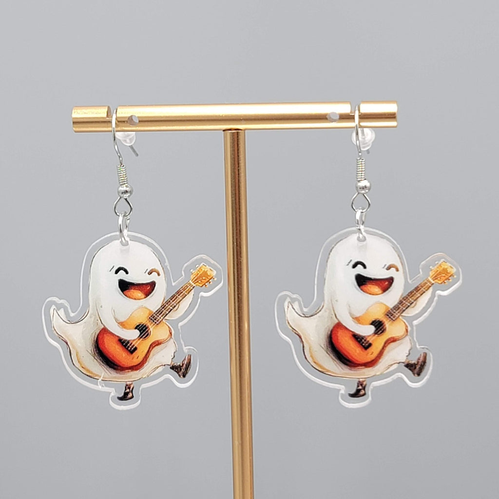 Halloween Ghost Acoustic Guitar Pierced Earrings Silver tone Dangle 1.5 in