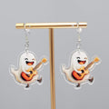 Halloween Ghost Acoustic Guitar Pierced Earrings Silver tone Dangle 1.5 in