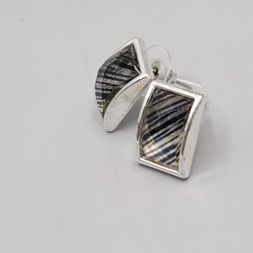 Silver  tone Drop Pierced Earrings Multicolor Striped Acrylic Rectangle 5/8"