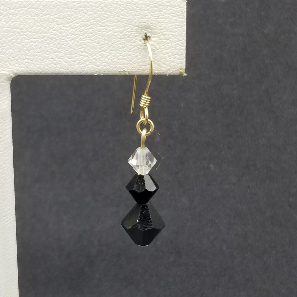 Pierced Earrings Gold tone Black Faceted Crystal Beaded Dangle 3/4"