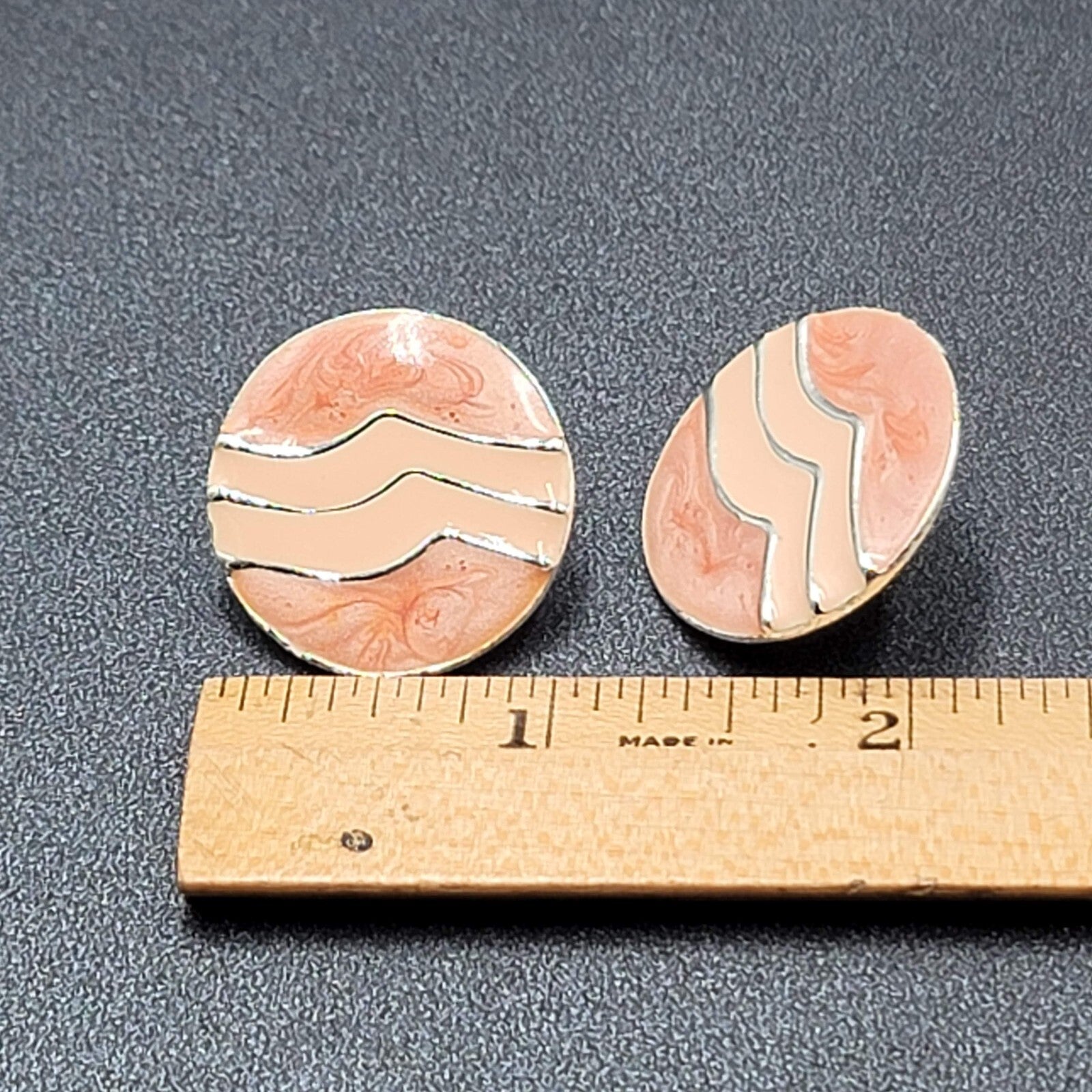 Vintage Pierced Earrings Silver tone Round Pink Swirl Enamel Drop 1"