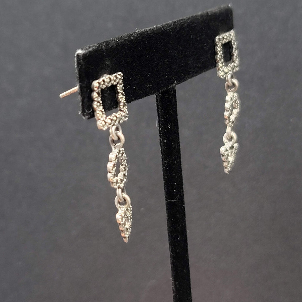 Sterling Silver Pierced Earrings Marcasite Geometric Dangle 1 3/8"